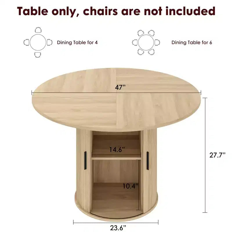 47 Round Dining Table for 4, Modern Circle Kitchen Dinner Table w/ 2-Tier Storage Shelf & Wood Sliding Door, Space-Saving Furniture for Home