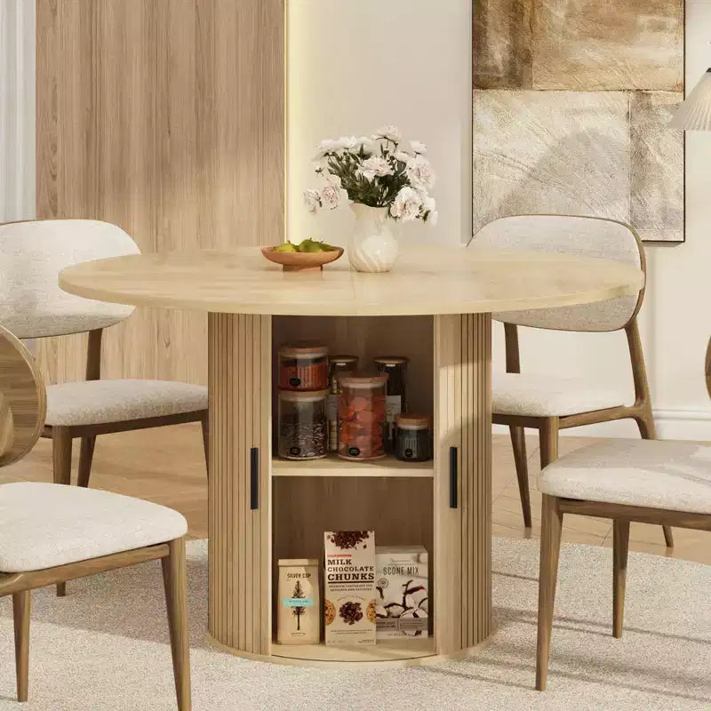 47 Round Dining Table for 4, Modern Circle Kitchen Dinner Table w/ 2-Tier Storage Shelf & Wood Sliding Door, Space-Saving Furniture for Home