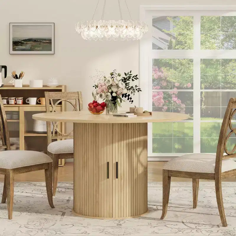 47 Round Dining Table for 4, Modern Circle Kitchen Dinner Table w/ 2-Tier Storage Shelf & Wood Sliding Door, Space-Saving Furniture for Home