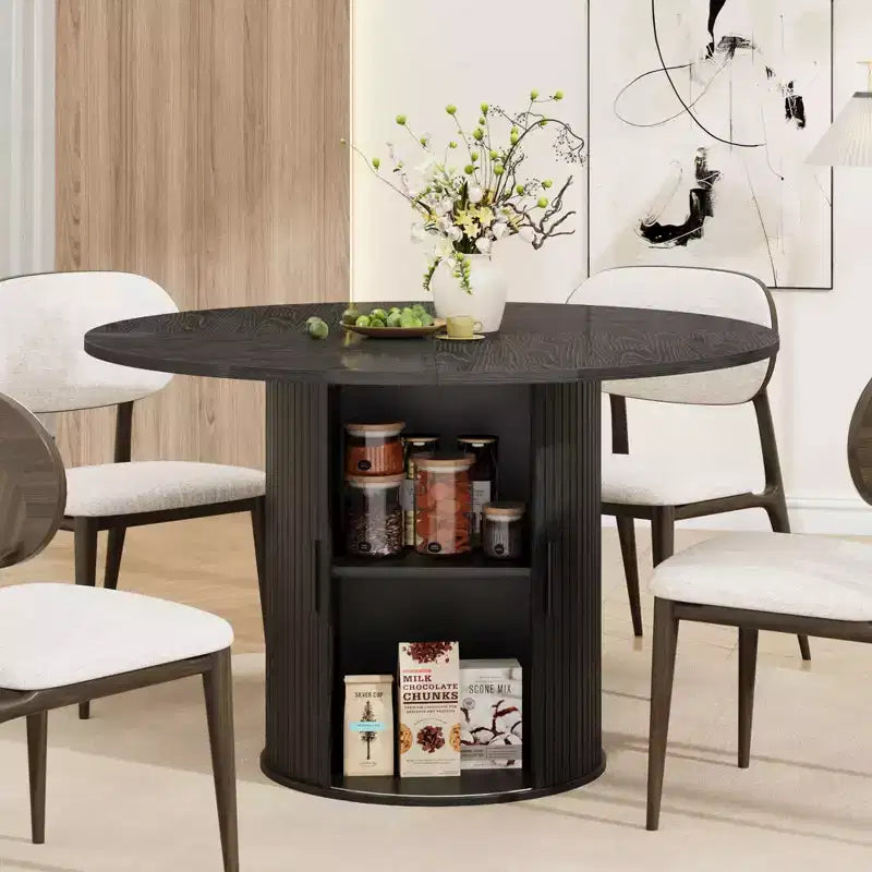 47 Round Dining Table for 4, Modern Circle Kitchen Dinner Table w/ 2-Tier Storage Shelf & Wood Sliding Door, Space-Saving Furniture for Home