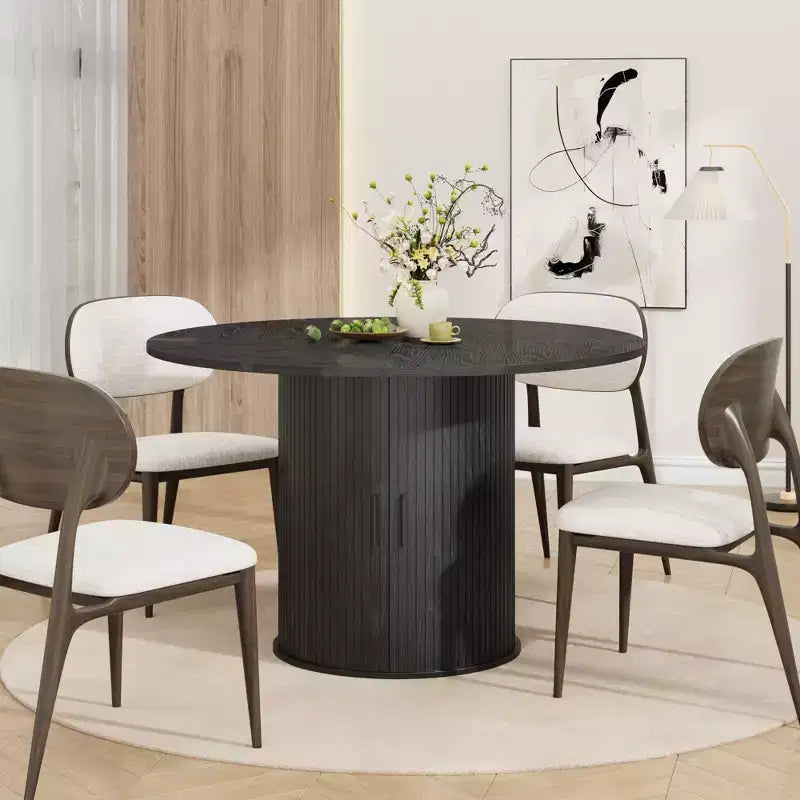 47 Round Dining Table for 4, Modern Circle Kitchen Dinner Table w/ 2-Tier Storage Shelf & Wood Sliding Door, Space-Saving Furniture for Home