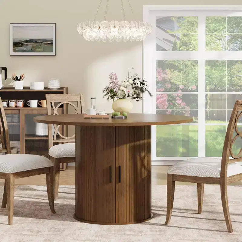 47 Round Dining Table for 4, Modern Circle Kitchen Dinner Table w/ 2-Tier Storage Shelf & Wood Sliding Door, Space-Saving Furniture for Home