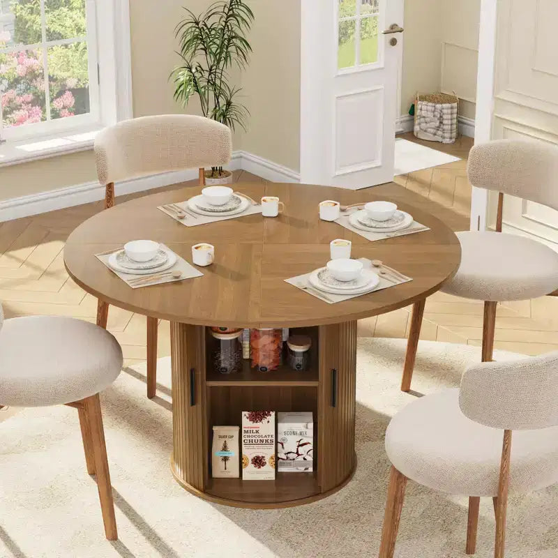 47 Round Dining Table for 4, Modern Circle Kitchen Dinner Table w/ 2-Tier Storage Shelf & Wood Sliding Door, Space-Saving Furniture for Home