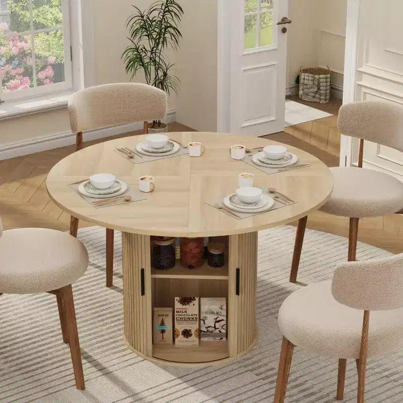 47 Round Dining Table for 4, Modern Circle Kitchen Dinner Table w/ 2-Tier Storage Shelf & Wood Sliding Door, Space-Saving Furniture for Home