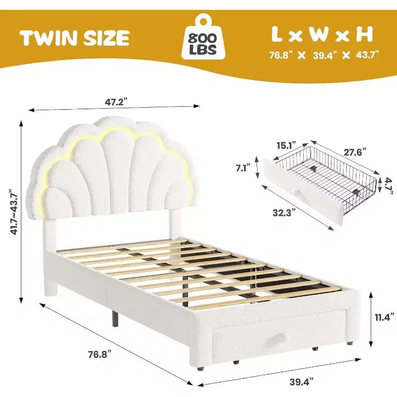 Upholstered LED Bed Frame with Adjustable Chic Headboard and Storage Drawer