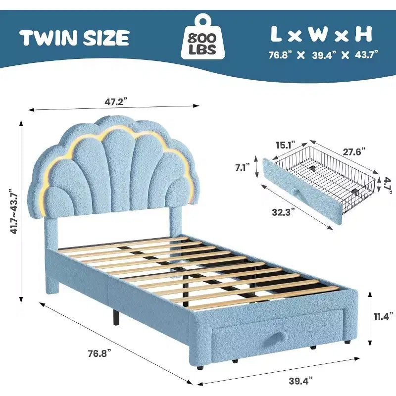Upholstered LED Bed Frame with Adjustable Chic Headboard and Storage Drawer