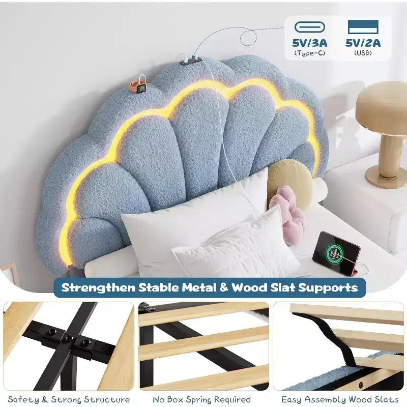 Upholstered LED Bed Frame with Adjustable Chic Headboard and Storage Drawer