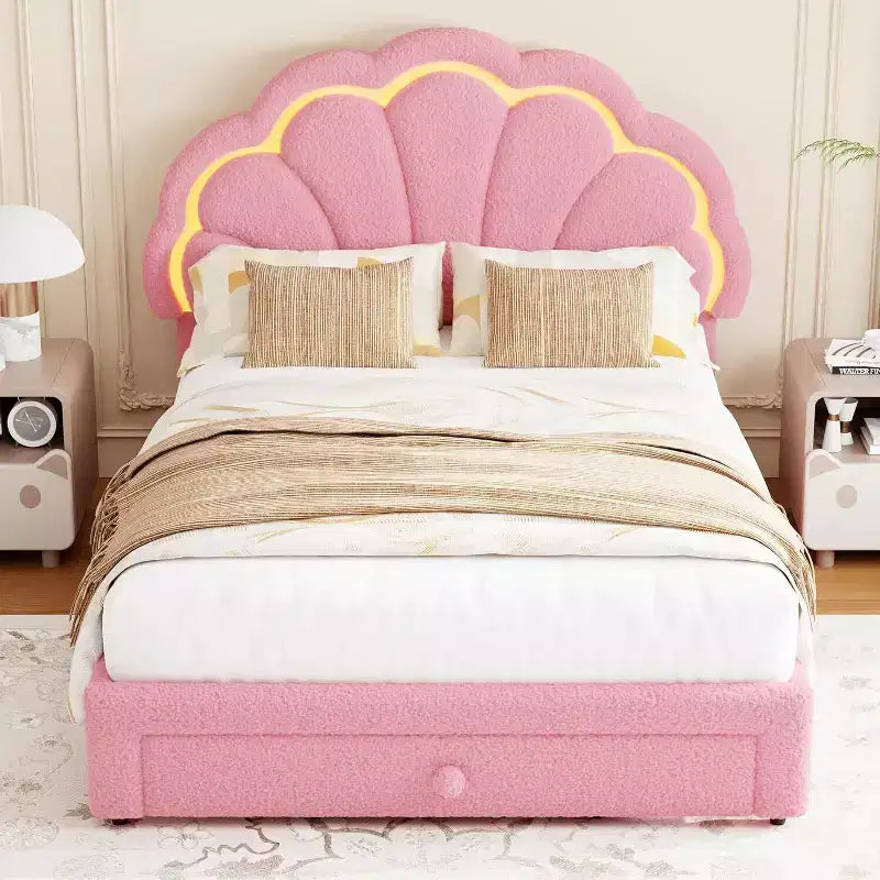 GuatoWave Upholstered LED Bed Frame with Adjustable Chic Headboard and Storage Drawer