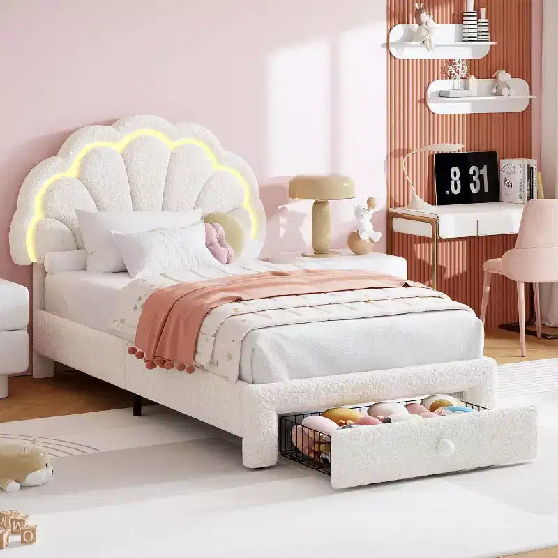 GuatoWave Upholstered LED Bed Frame with Adjustable Chic Headboard and Storage Drawer