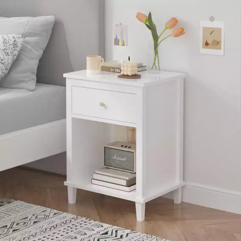 26.77''H Wooden Nightstand with One Drawer One Shelf for Kids, Adults, White+Golden handle