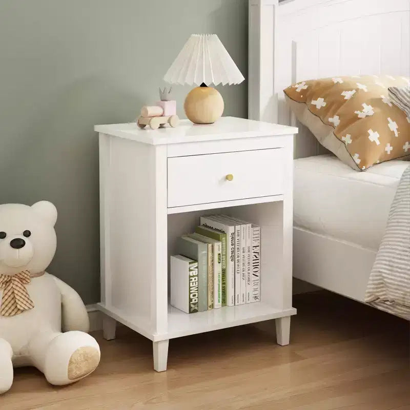 26.77''H Wooden Nightstand with One Drawer One Shelf for Kids, Adults, White+Golden handle