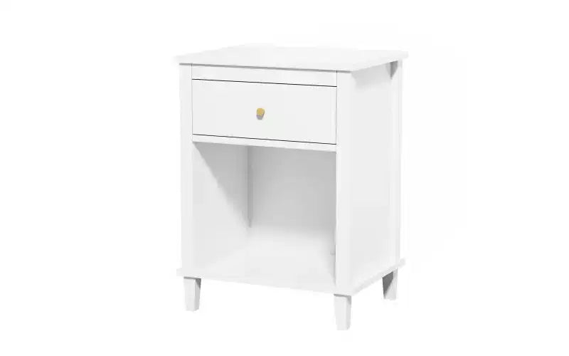 26.77''H Wooden Nightstand with One Drawer One Shelf for Kids, Adults, White+Golden handle