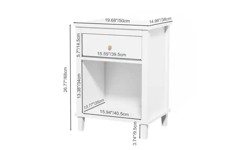 26.77''H Wooden Nightstand with One Drawer One Shelf for Kids, Adults, White+Golden handle
