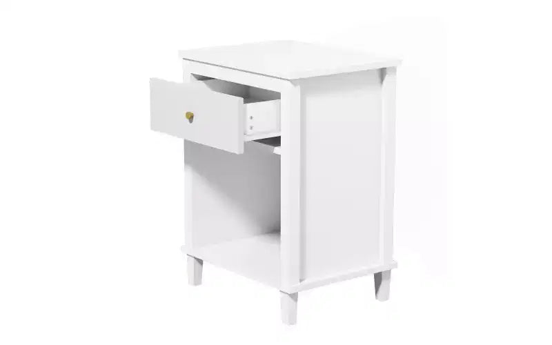 26.77''H Wooden Nightstand with One Drawer One Shelf for Kids, Adults, White+Golden handle