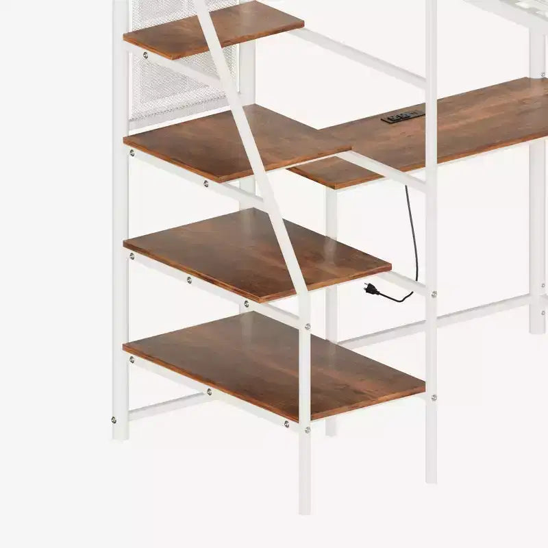Metal Loft Bed with built-in Desk, Storage shelves and lighting for bedroom and dorm