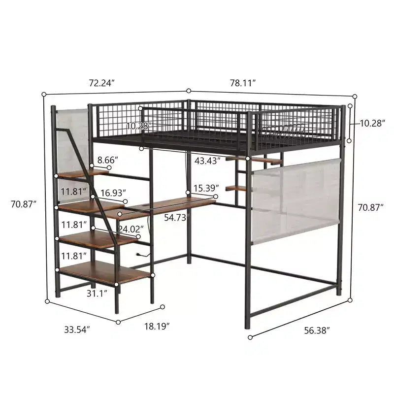 Metal Loft Bed with built-in Desk, Storage shelves and lighting for bedroom and dorm