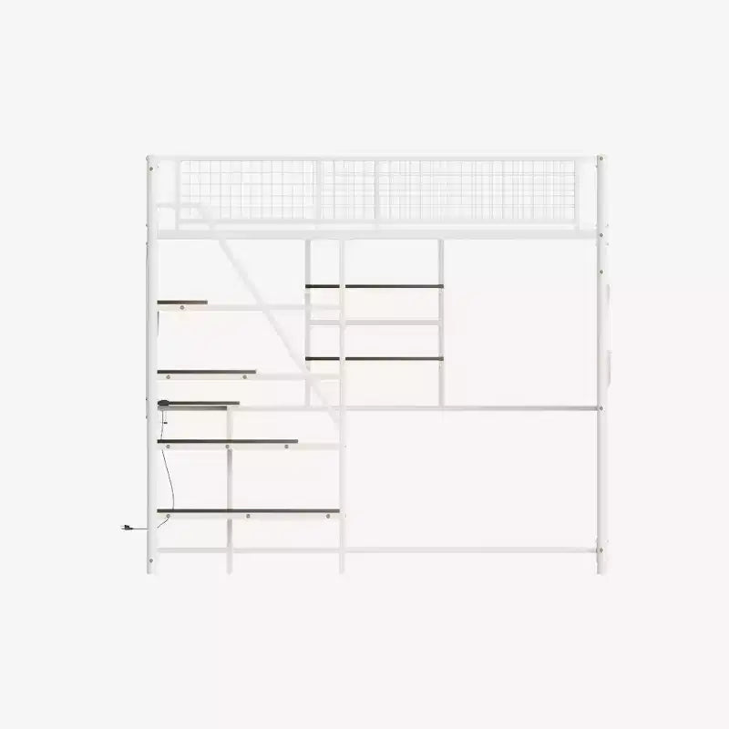 Metal Loft Bed with built-in Desk, Storage shelves and lighting for bedroom and dorm