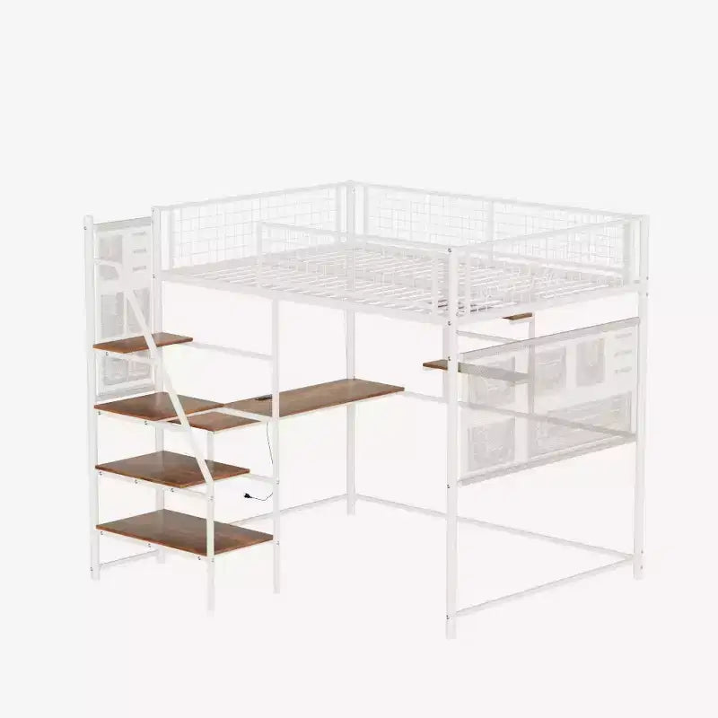 Metal Loft Bed with built-in Desk, Storage shelves and lighting for bedroom and dorm