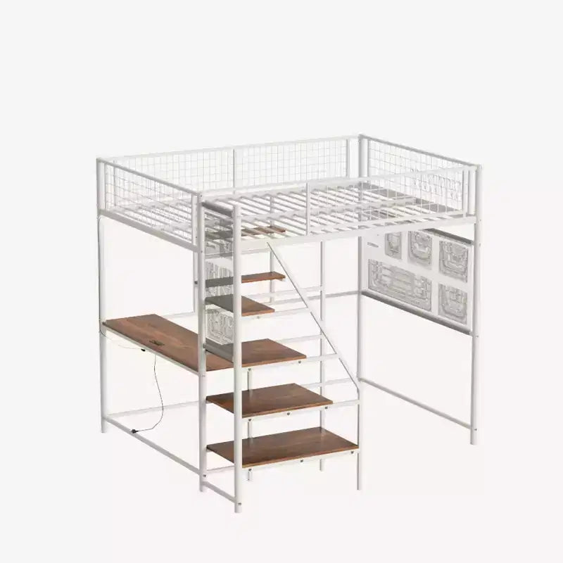 Metal Loft Bed with built-in Desk, Storage shelves and lighting for bedroom and dorm