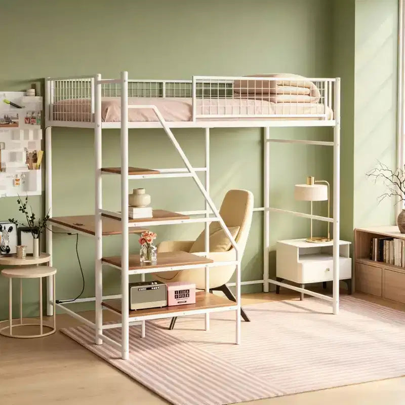 Metal Loft Bed with built-in Desk, Storage shelves and lighting for bedroom and dorm