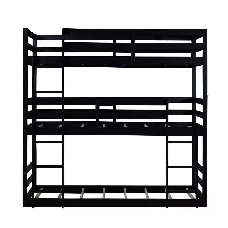 Triple Twin Bunk Bed, Solid Wood 3-Tier Bunk Bed with Dual Ladders & Guardrails