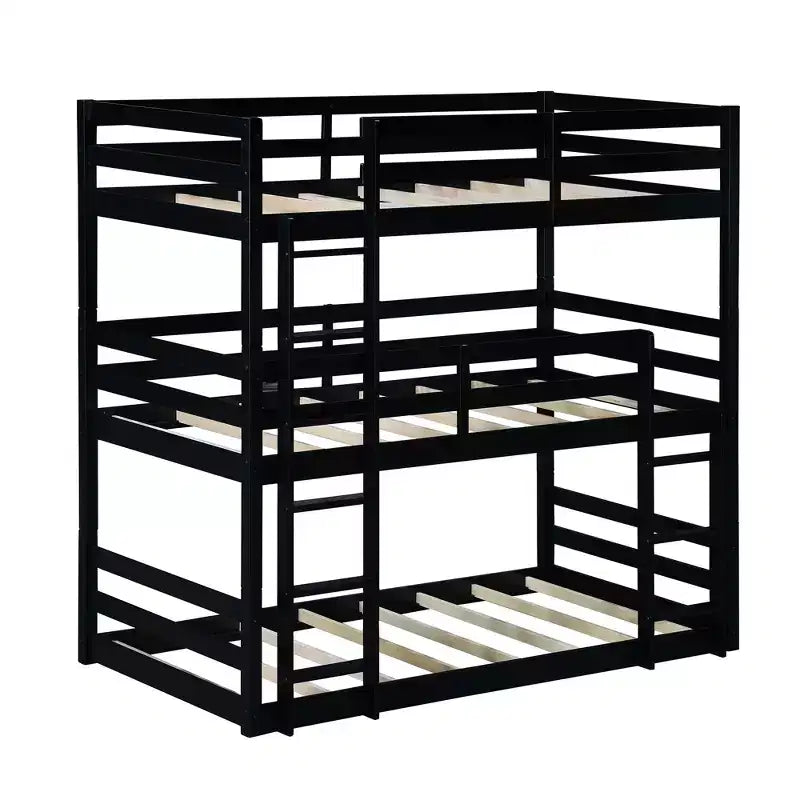 Triple Twin Bunk Bed, Solid Wood 3-Tier Bunk Bed with Dual Ladders & Guardrails
