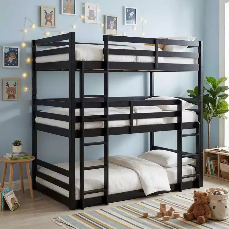 Triple Twin Bunk Bed, Solid Wood 3-Tier Bunk Bed with Dual Ladders & Guardrails