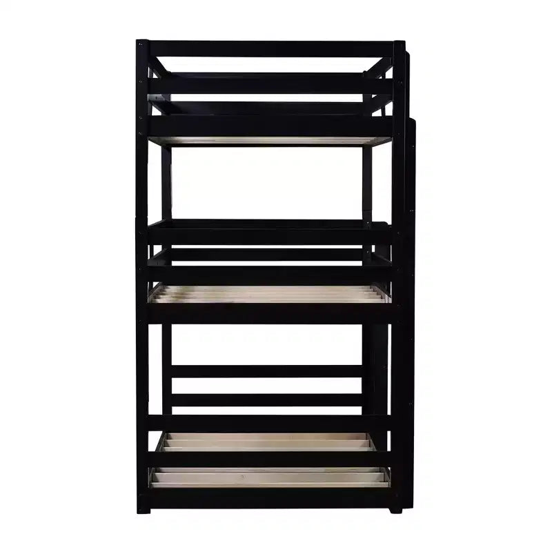 Triple Twin Bunk Bed, Solid Wood 3-Tier Bunk Bed with Dual Ladders & Guardrails