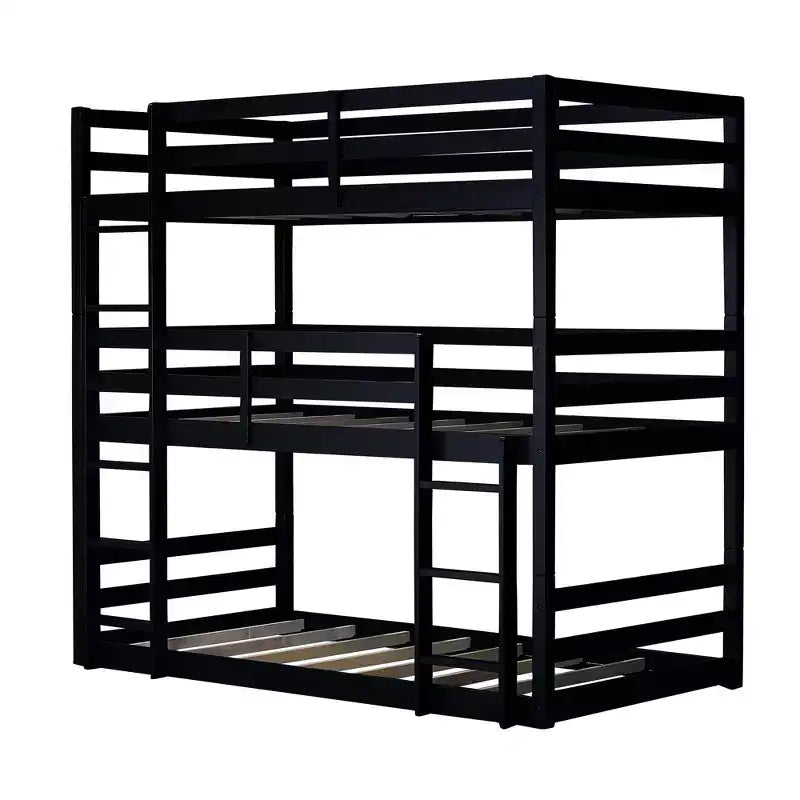 Triple Twin Bunk Bed, Solid Wood 3-Tier Bunk Bed with Dual Ladders & Guardrails