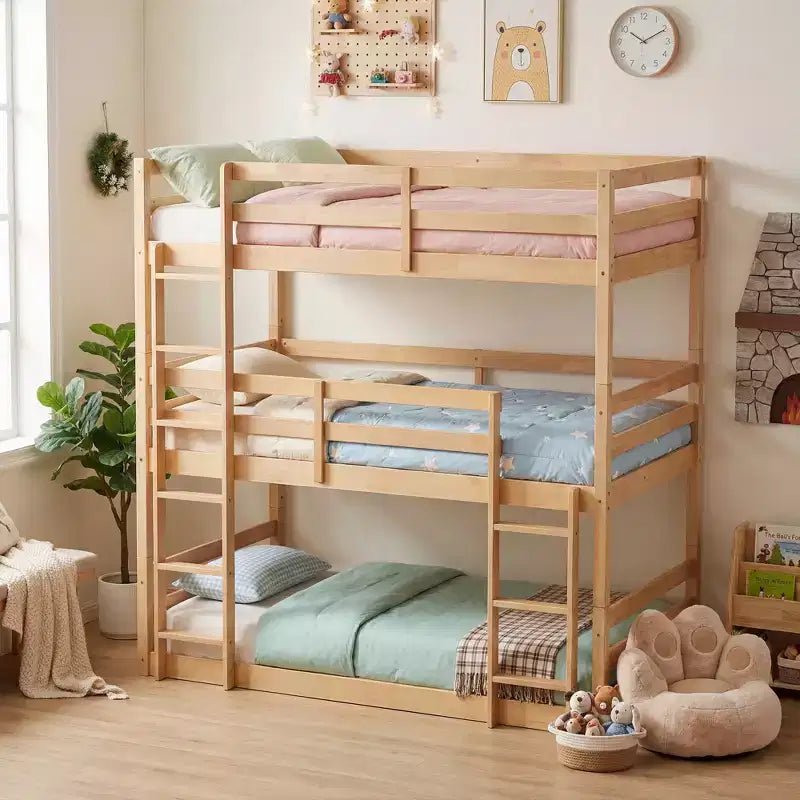 Triple Twin Bunk Bed, Solid Wood 3-Tier Bunk Bed with Dual Ladders & Guardrails