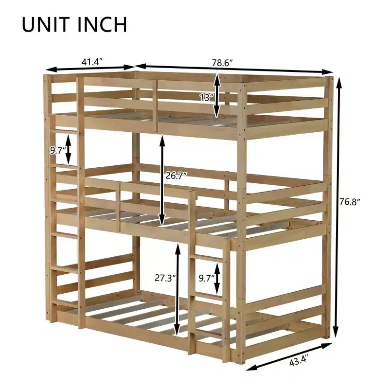 Triple Twin Bunk Bed, Solid Wood 3-Tier Bunk Bed with Dual Ladders & Guardrails