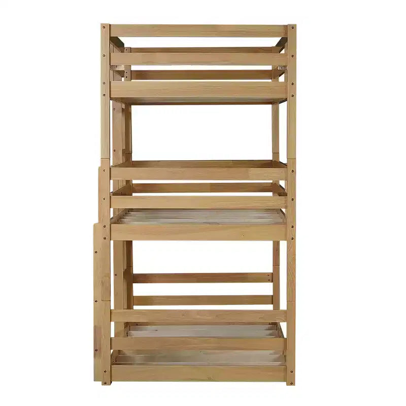 Triple Twin Bunk Bed, Solid Wood 3-Tier Bunk Bed with Dual Ladders & Guardrails