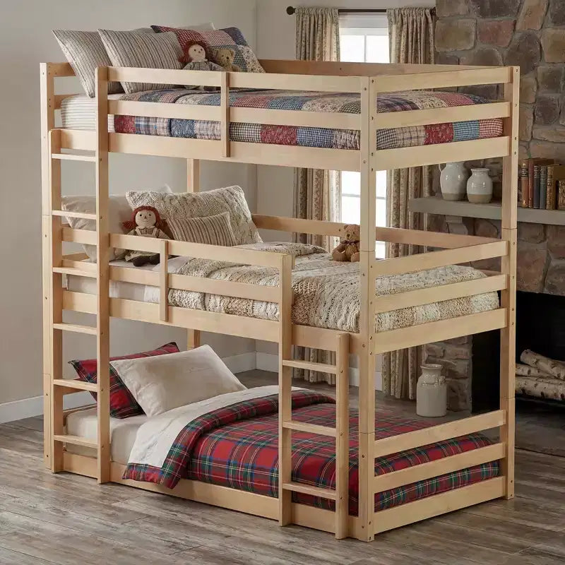 Triple Twin Bunk Bed, Solid Wood 3-Tier Bunk Bed with Dual Ladders & Guardrails