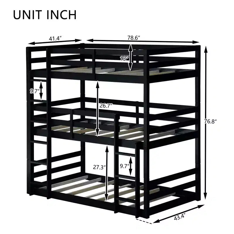 Triple Twin Bunk Bed, Solid Wood 3-Tier Bunk Bed with Dual Ladders & Guardrails