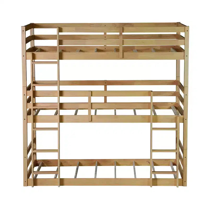 Triple Twin Bunk Bed, Solid Wood 3-Tier Bunk Bed with Dual Ladders & Guardrails