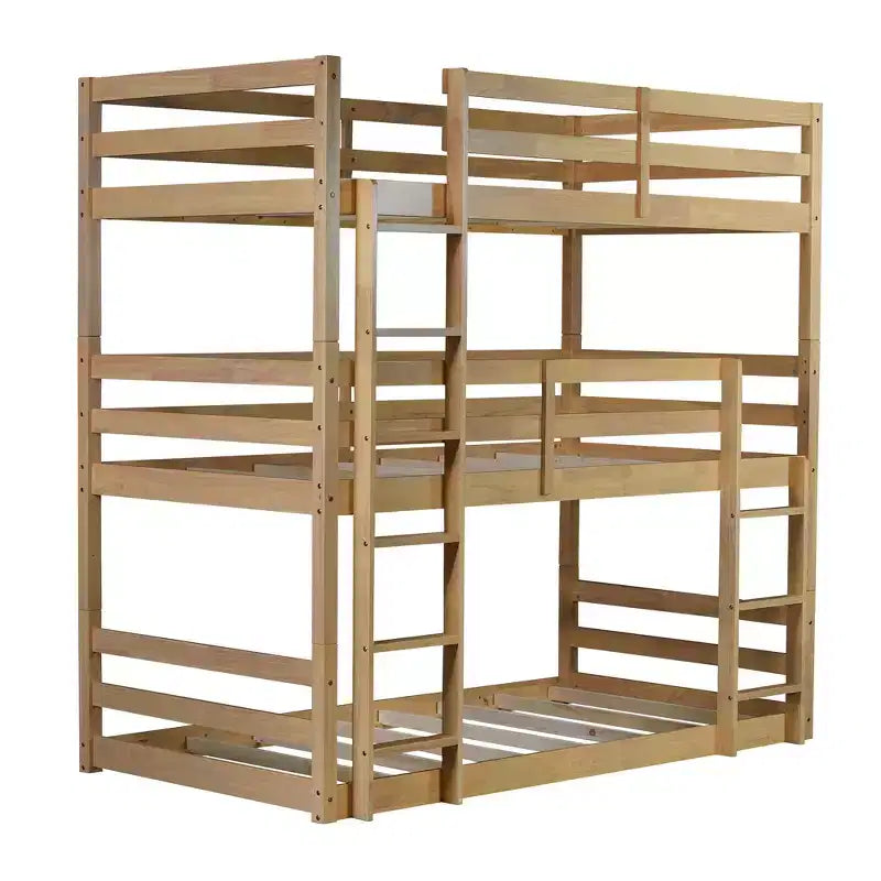 Triple Twin Bunk Bed, Solid Wood 3-Tier Bunk Bed with Dual Ladders & Guardrails