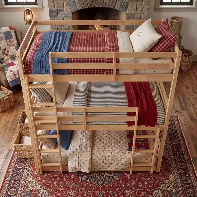 Triple Twin Bunk Bed, Solid Wood 3-Tier Bunk Bed with Dual Ladders & Guardrails