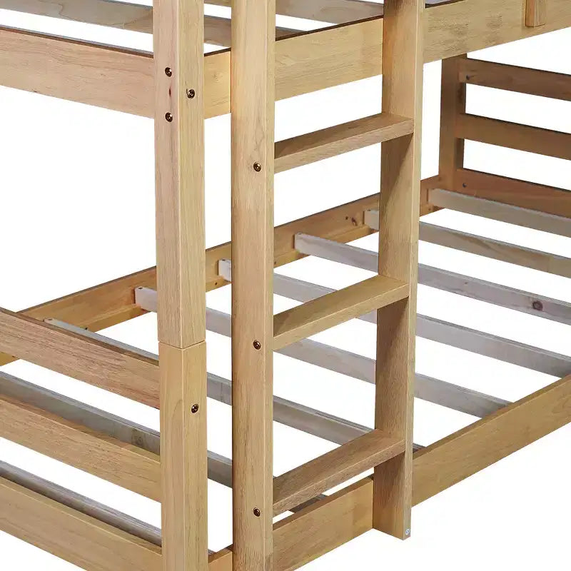 Triple Twin Bunk Bed, Solid Wood 3-Tier Bunk Bed with Dual Ladders & Guardrails