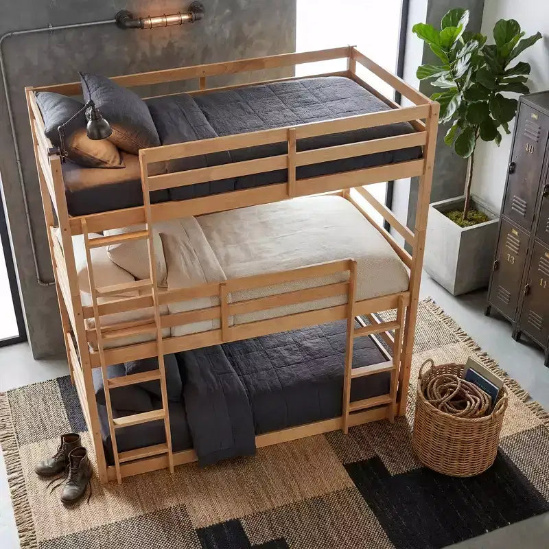 Triple Twin Bunk Bed, Solid Wood 3-Tier Bunk Bed with Dual Ladders & Guardrails