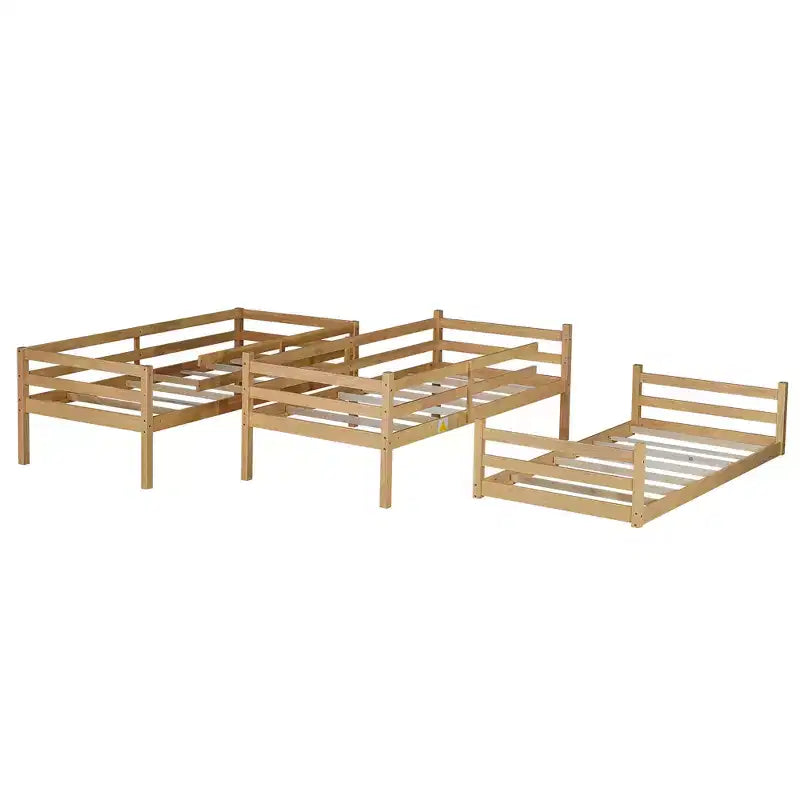 Triple Twin Bunk Bed, Solid Wood 3-Tier Bunk Bed with Dual Ladders & Guardrails