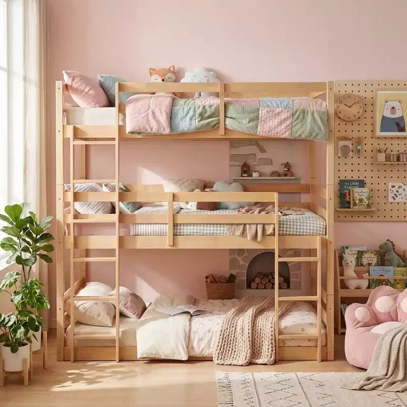 Triple Twin Bunk Bed, Solid Wood 3-Tier Bunk Bed with Dual Ladders & Guardrails