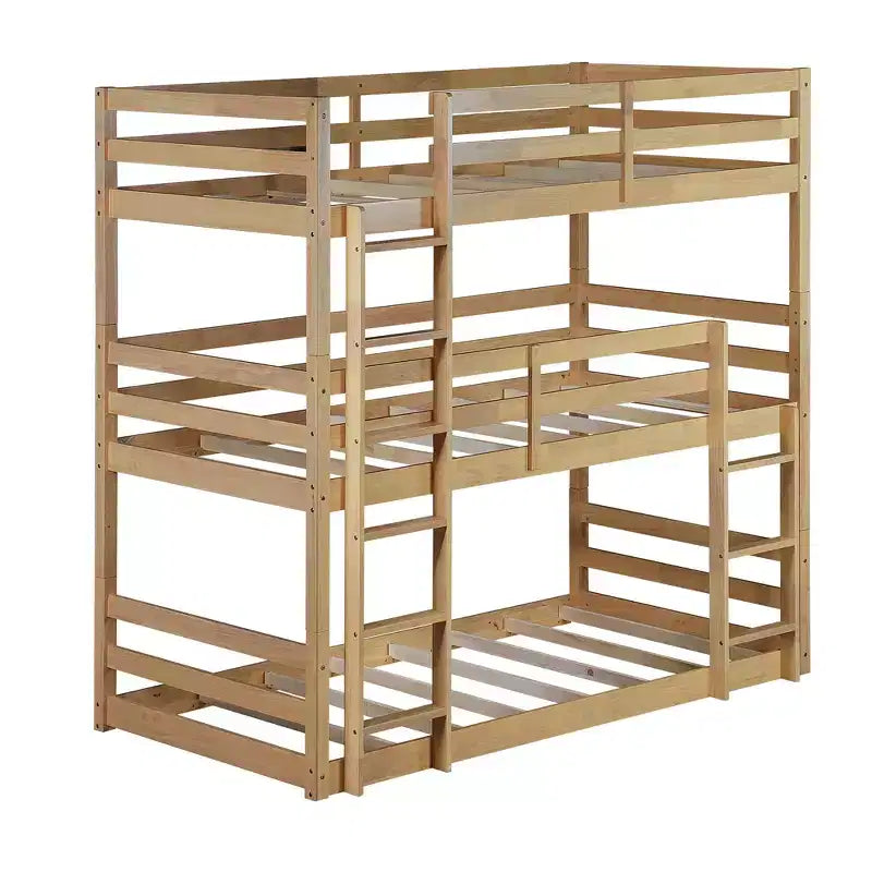 Triple Twin Bunk Bed, Solid Wood 3-Tier Bunk Bed with Dual Ladders & Guardrails