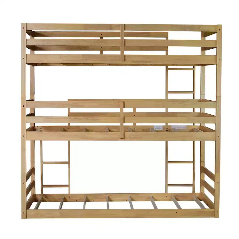 Triple Twin Bunk Bed, Solid Wood 3-Tier Bunk Bed with Dual Ladders & Guardrails