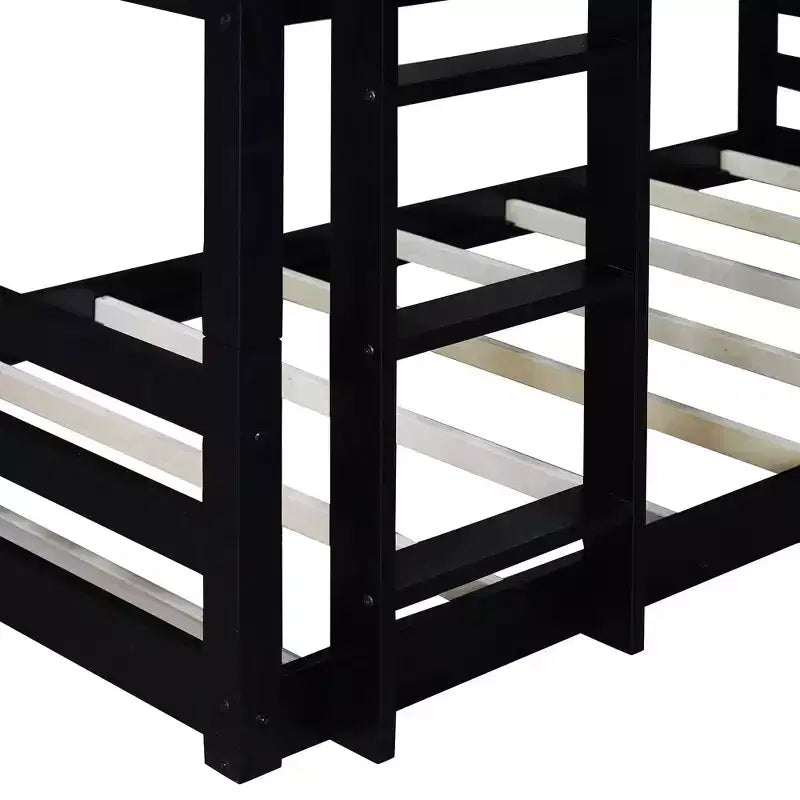 Triple Twin Bunk Bed, Solid Wood 3-Tier Bunk Bed with Dual Ladders & Guardrails
