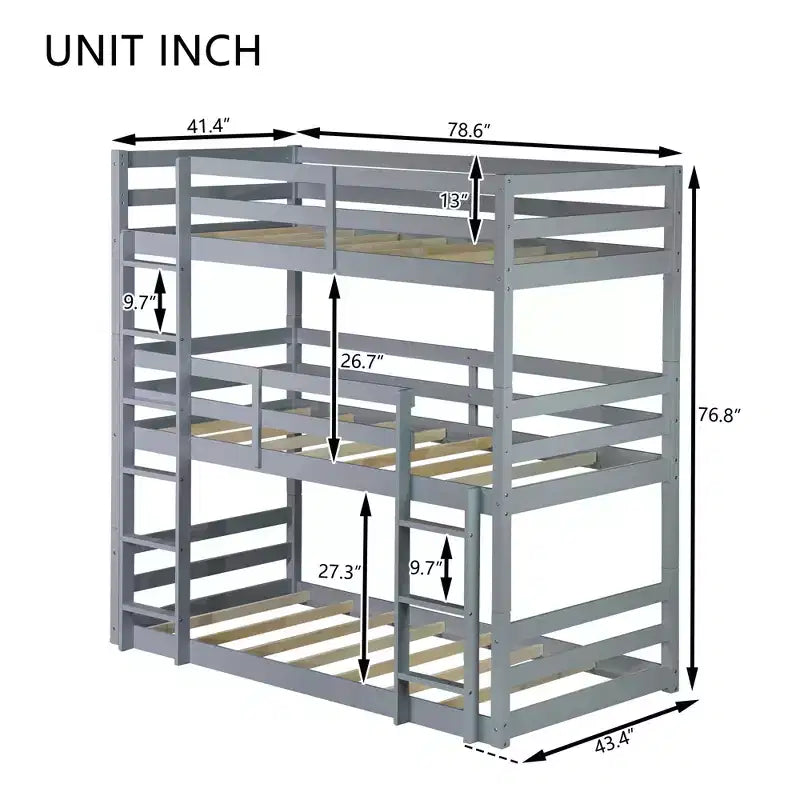 Triple Twin Bunk Bed, Solid Wood 3-Tier Bunk Bed with Dual Ladders & Guardrails