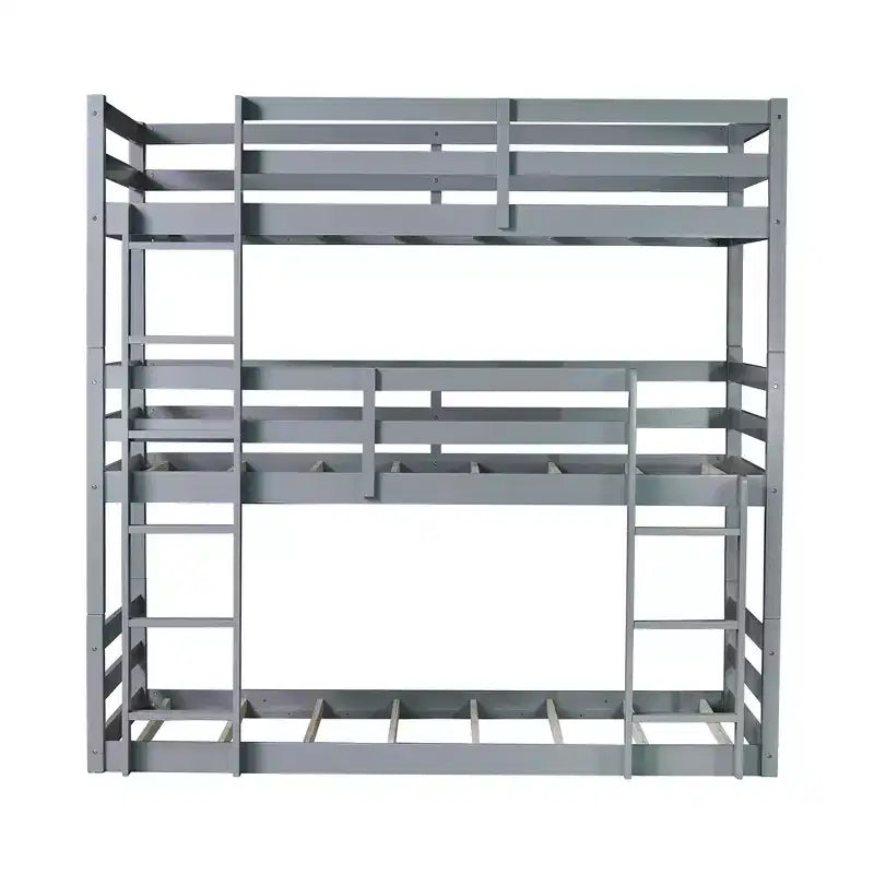Triple Twin Bunk Bed, Solid Wood 3-Tier Bunk Bed with Dual Ladders & Guardrails