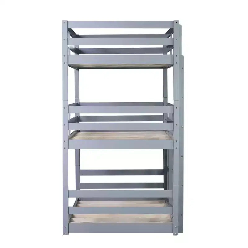 Triple Twin Bunk Bed, Solid Wood 3-Tier Bunk Bed with Dual Ladders & Guardrails