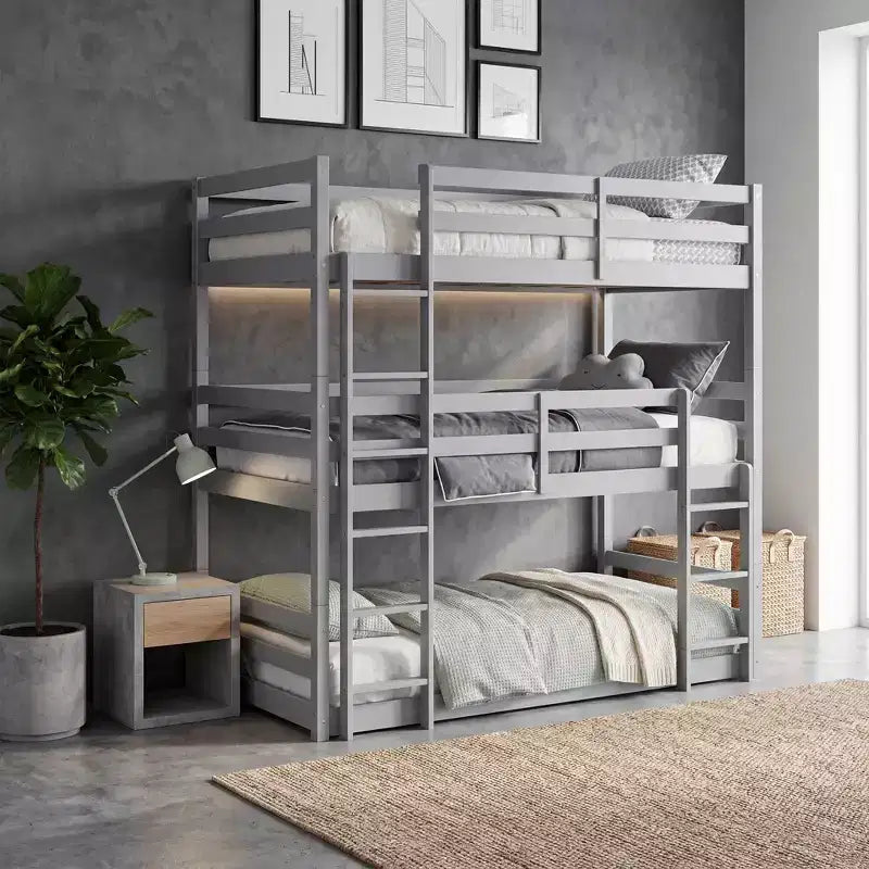 Triple Twin Bunk Bed, Solid Wood 3-Tier Bunk Bed with Dual Ladders & Guardrails