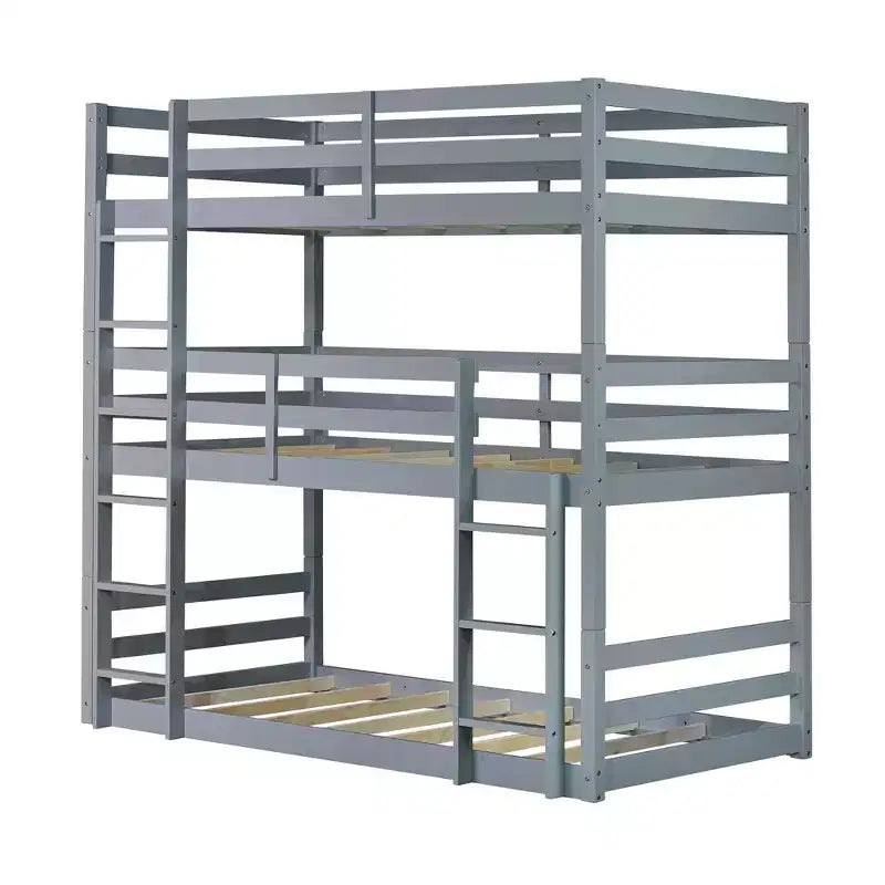 Triple Twin Bunk Bed, Solid Wood 3-Tier Bunk Bed with Dual Ladders & Guardrails