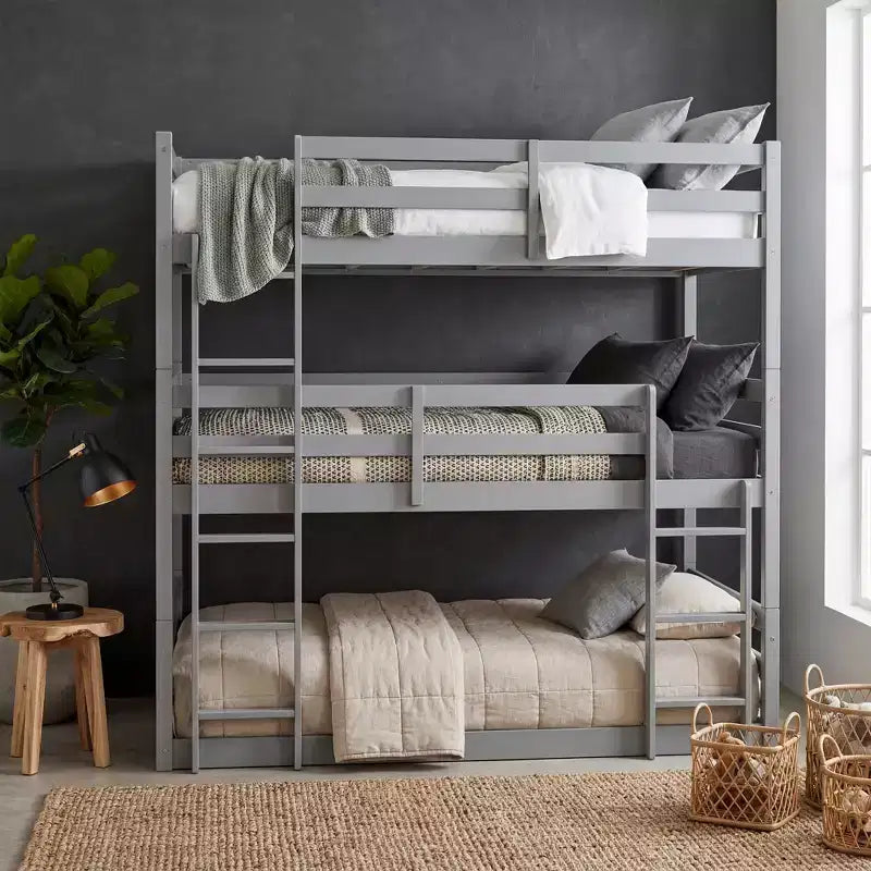 Triple Twin Bunk Bed, Solid Wood 3-Tier Bunk Bed with Dual Ladders & Guardrails
